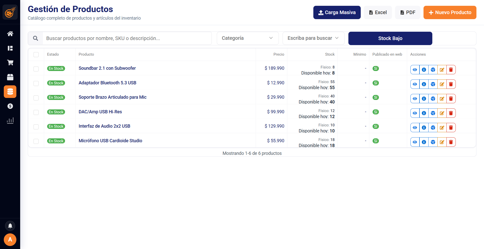 ERP de Meteoryd: Gestión de productos