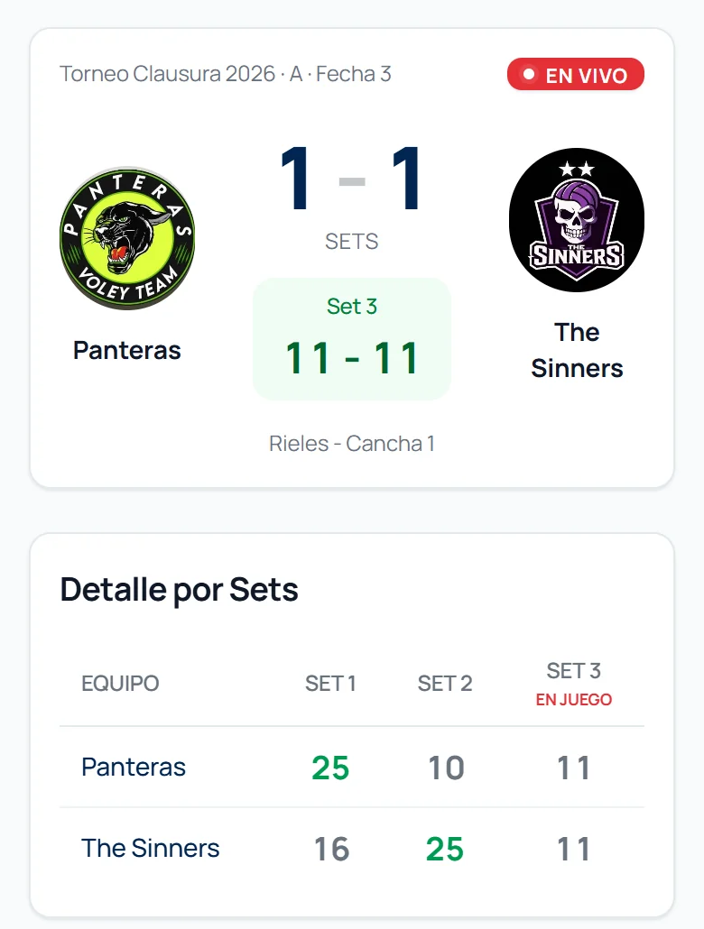 Vista pública de un partido en vivo: sets, puntos del set en juego y detalle por set