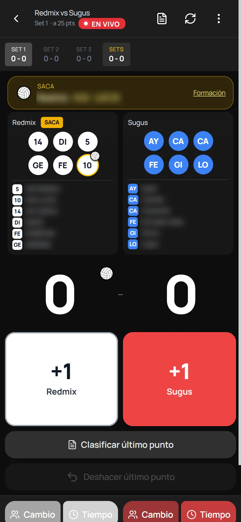 Pantalla del planillero: marcador del set, formación de cada equipo, botones grandes de +1 por equipo, cambios, tiempos y tarjetas